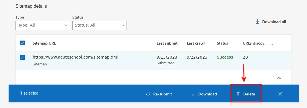 Deleting a sitemap in Bing Webmaster Tools