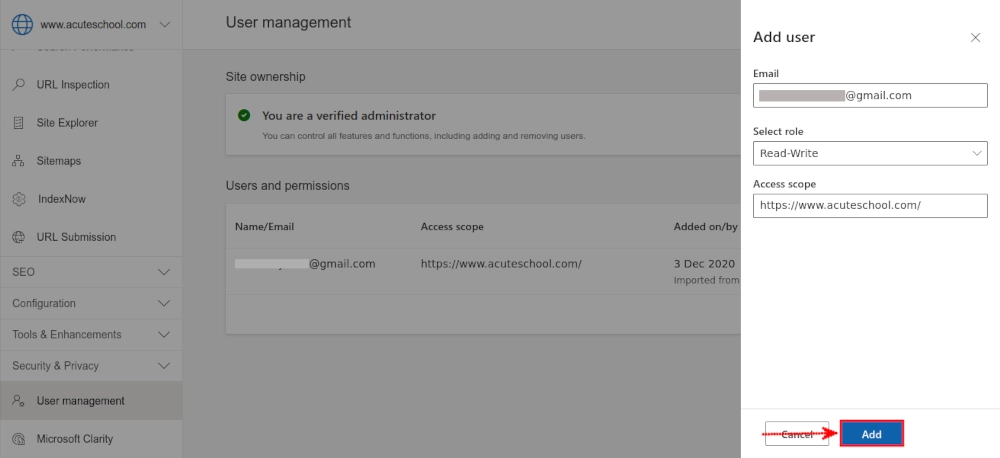 New user details in Bing Webmaster Tools