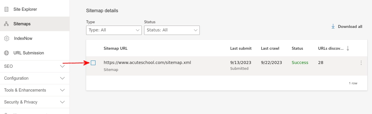 Selecting a sitemap for deletion in Bing Webmaster Tools